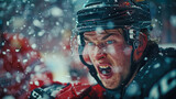 A hockey player, mouth wide open, fiercely battles the elements on a snowy rink, embodying strength and determination in the face of adversity.