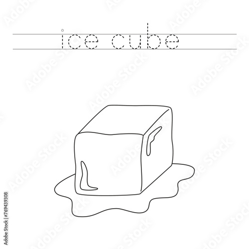Trace the letters and color cartoon ice cube. Handwriting practice for kids.