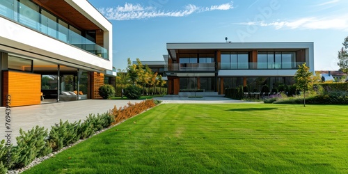 there is a modern two-story courtyard with an open large lawn in front of it  © kimly