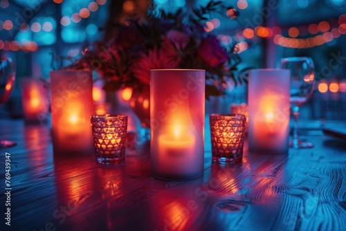 Glowing candlelight in blue surrounding with flower centerpiece on a wooden table photo