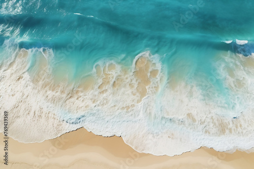 Aerial View of Crystal Clear Waves Crashing onto a Sandy Beach, Serene Oceanic Landscape, Tranquility of Nature from Above
