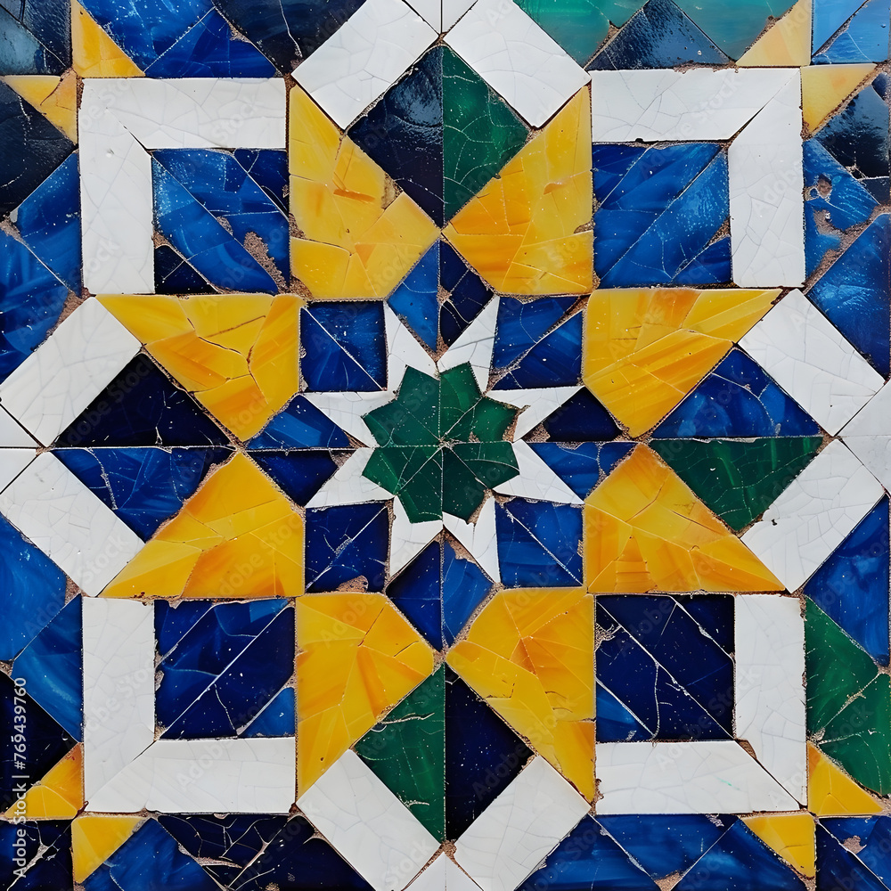 Islamic geometric tile pattern in blue, yellow, green, and white colors