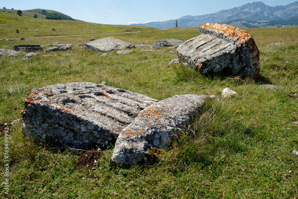 Stecci Medieval Tombstones Graveyards in Zabljak, Montenegro. Historic place of interest. The tombstones feature a wide range of decorative motifs and inscriptions.
