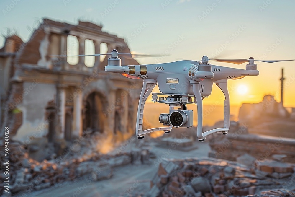 Small flying drone with camera hovers over destroyed war city ruins at sunset Small flying drone with camera hovers over destroyed war city ruins at sunset