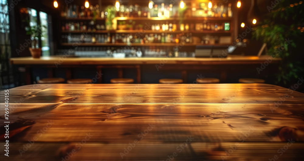 Empty Wooden Counter Table Top for Product Display in Pub or Bar