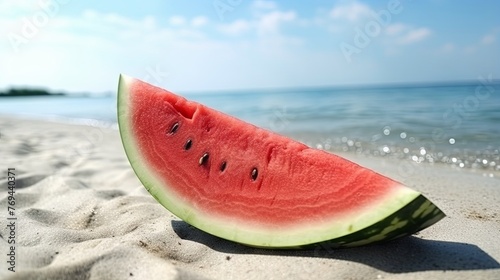 Watermelon on Beach Background. Generative AI