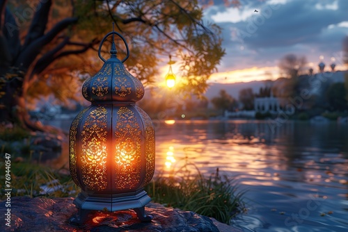 Group of arabic ramadan lantern candle at ramadan holy month night for world Islamic or muslim holiday 