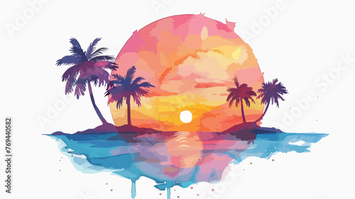 Watercolor Beach Sunset Flat vector isolated on white