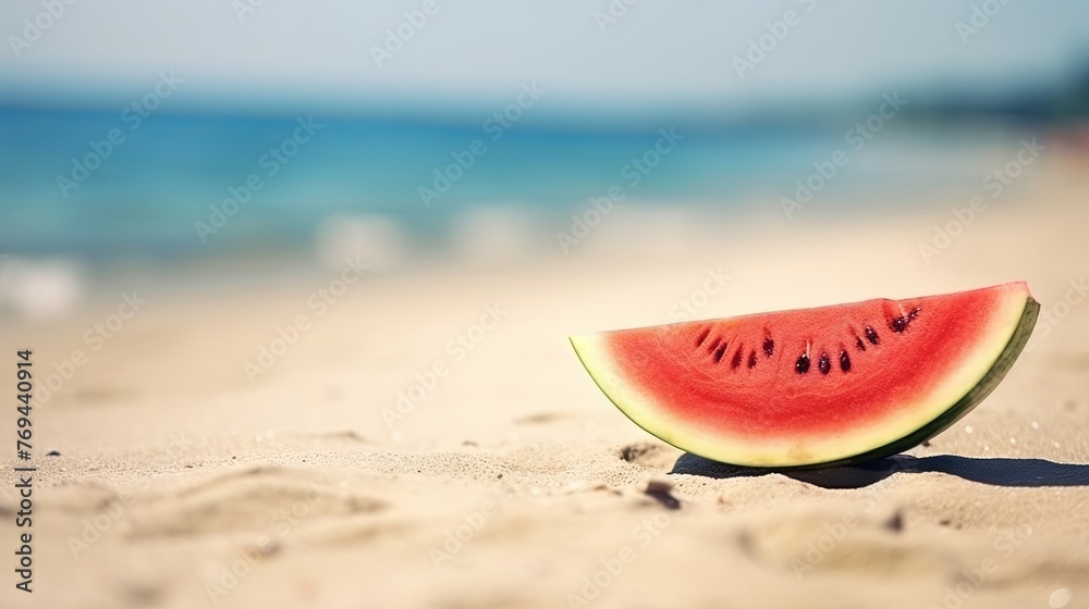 Watermelon on Beach Background. Generative AI Watermelon on Beach Background. Generative AI