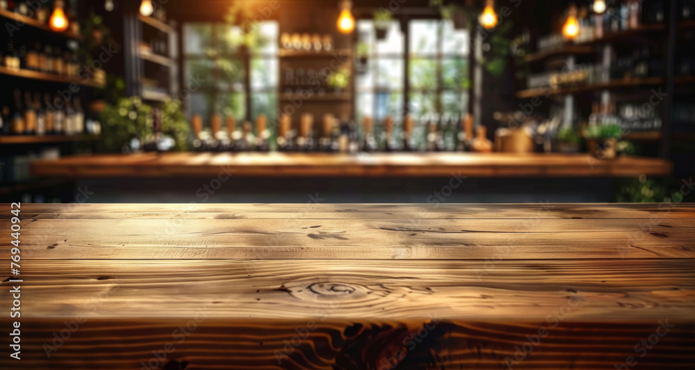 Empty Wooden Counter Table Top for Product Display in Pub or Bar