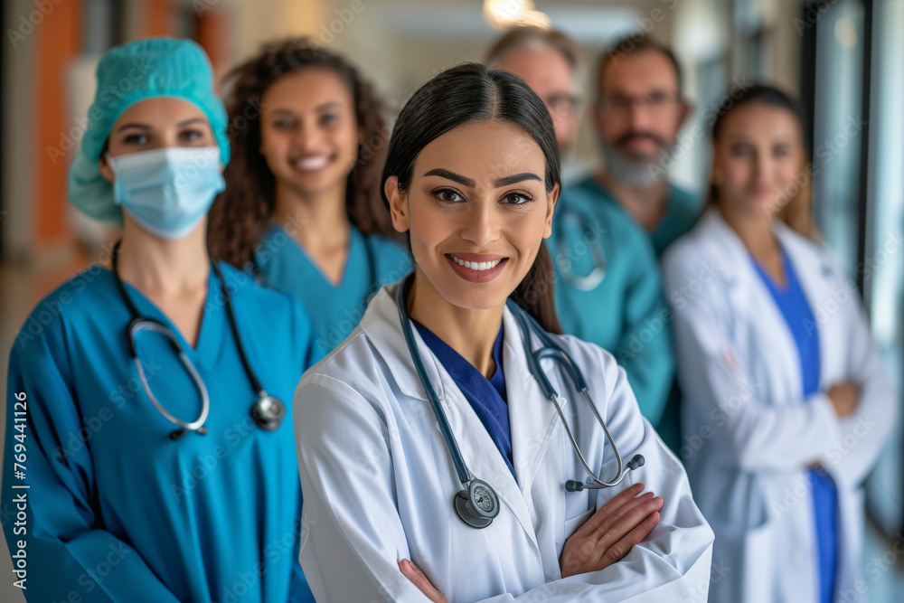 Smiling Female Doctor Leading Diverse Medical Team Smiling Female Doctor Leading Diverse Medical Team