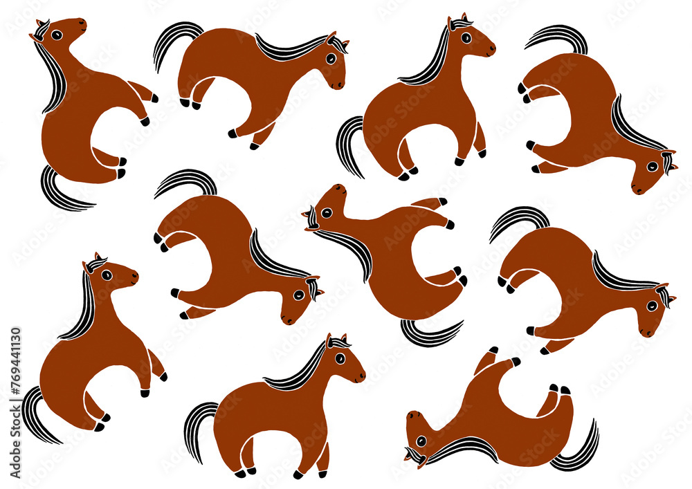 Set of stylized horse illustration. They are chaotically located on white background. Brown color. Black tail, mane, hooves, eyes, mouth. Simplified illustration. Printmaking style. Pony.