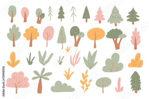 Vector set of simple trees and bushes. Collection of plants for the city isolated on a white background.