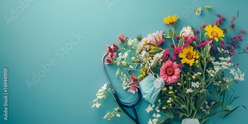 Flowers with mask and stethoscope on blue background. Happy nurse day concept. copy space. generative ai  photo