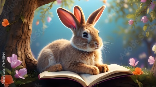 easter bunny with a book   A whimsical depiction of an Easter bunny enjoying a moment of tranquility under a tree  immersed in a captivating book. The bunny is rendered in a charming illustrative styl