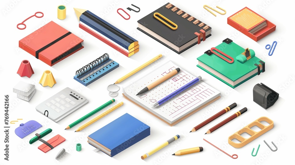 A collection of stationery and office supplies on a white table.