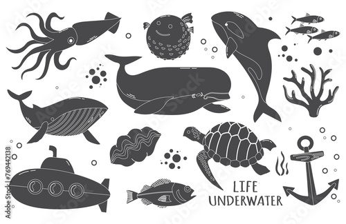 Set of black and white silhouettes sea and ocean underwater animals and submarine. Sea turtle, beluga, blue whale, coral, sea fishes, squid and anchor vector illustration isolated on white © Oksana