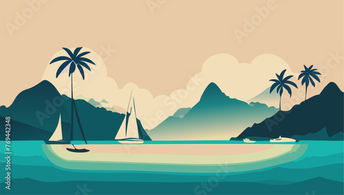 Tropical landscape with ship mountains and palm trees
