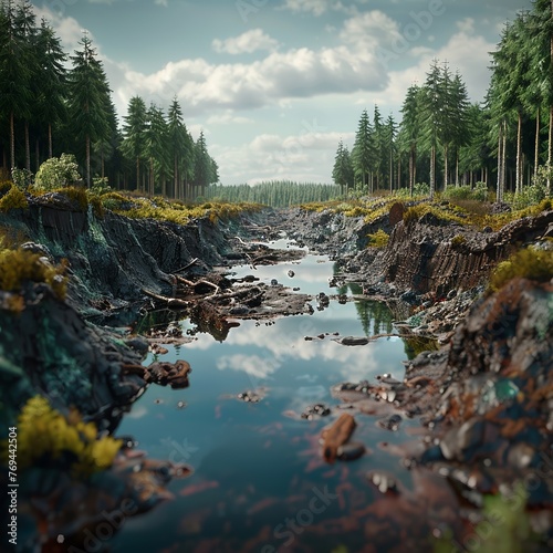 A multimedia piece depicting the effects of resource plundering on the environment , 3D render photo