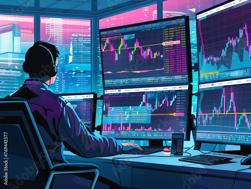 Analyze the fastpaced world of day trading through digital art , Minimalist cartoon style photo