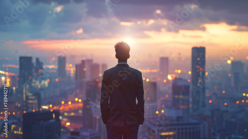 Silhouette of a businessperson looking out over city skyline at dawn, conceptualizing new beginnings