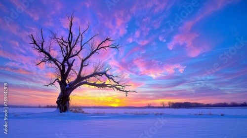 A tree stands in a field with a beautiful sunset in the background © hakule