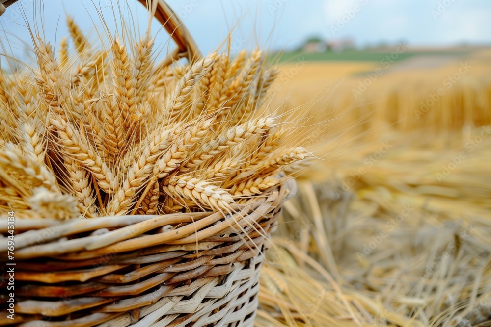 basket filled with fresh wheat ears on a field edge