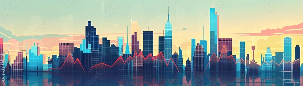 Imagine a modern interpretation of the Dow Jones Industrial Average DJIA as a dynamic and visually captivating artwork , Minimalist cartoon style