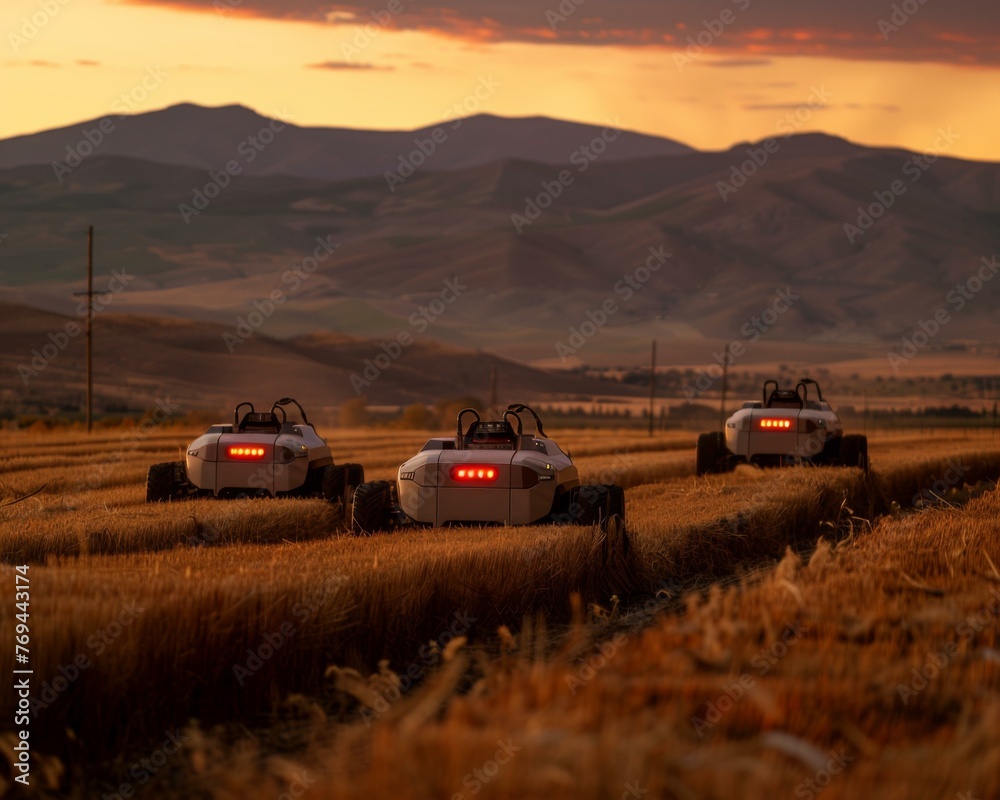 A group of four vehicles are parked in a field with mountains in the background. Generative AI.