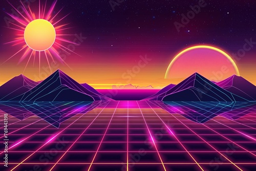 1980s Retro-Futuristic Synthwave Landscape  Cyber Terrain with Neon Sun  Mountains   Laser Grid