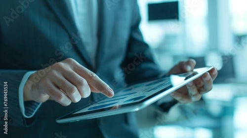 Business professional analyzing financial data on a tablet with focus on interactive screen