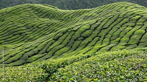 A lush green hillside with rows of tea plants