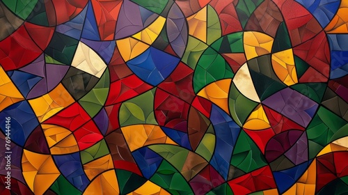 A colorful abstract painting featuring interlocking geometric shapes in various sizes and shades, background, wallpaper