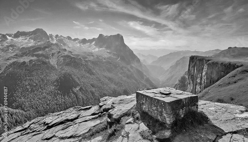 Old stone platform on cliff with mountains background, AI generated photo