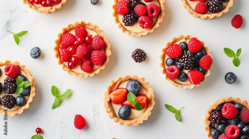 Tartlets with different fresh berries on light table, flat lay. Generative Ai - obrazy, fototapety, plakaty 