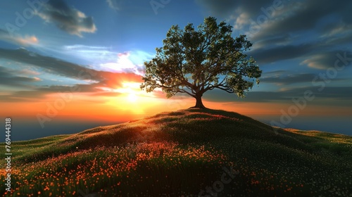 A tree is standing on a hill with a beautiful sunset in the background
