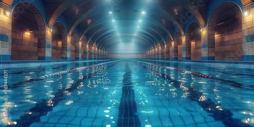 Captivating Image of an Empty Olympic Indoor Swimming Pool with Crystal Blue Water Perfect for Sports Background. Concept Sports Background, Olympic Swimming Pool, Crystal Blue Water, Indoor Setting