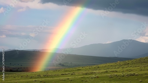 A rainbow is seen in the sky above a grassy field