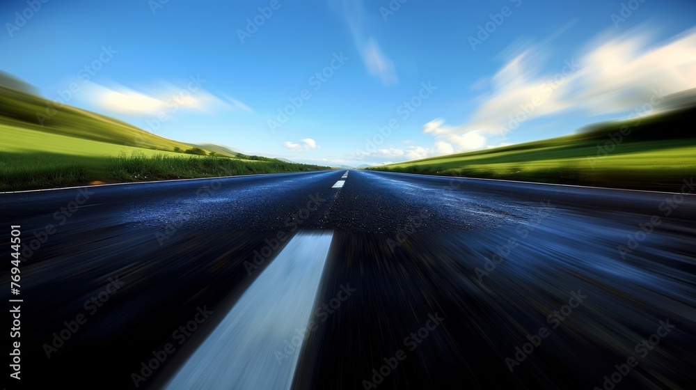 A blurry shot of a road with a blue sky in the background
