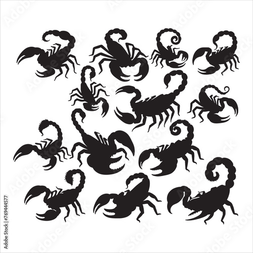 set of silhouettes of scorpion