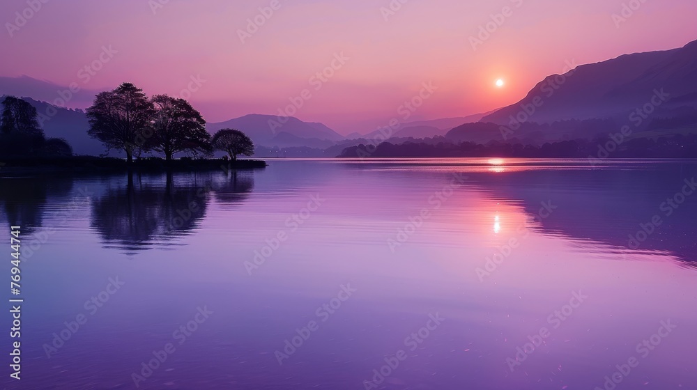 A serene twilight scene over Lake Windermere in the beautiful lake district, with a purple sky