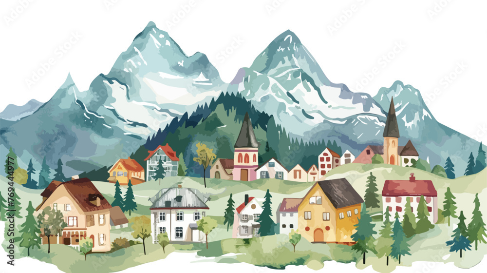 Mountain village watercolor flat vector isolated on white