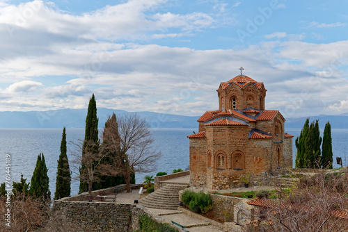 View of the Church of Saint John the Theologian in Lake Ohrid, North Macedonia. Travel destination with cultural and natural interest. Unesco world heritage site.