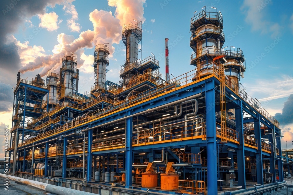 Fototapeta premium Large industrial oil refinery with pipes and distillation columns at sunset under a moody sky