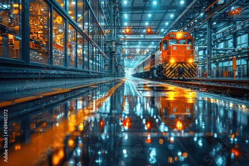 Busy Urban Train Station at Night with Orange Lights Reflecting in Puddle