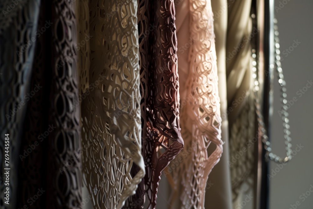 closeup of textured hijabs hanging from a chrome rack in soft lighting