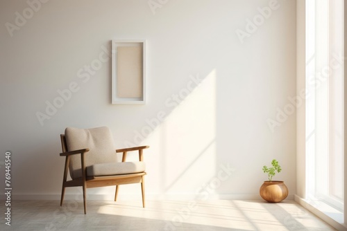 A simple minimalist setup with a lone armchair placed in the center of a clean, white room. Soft sunlight streams in through a large window, casting subtle shadows on the floor. © DK_2020