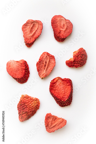 freeze dried strawberries on white background photo