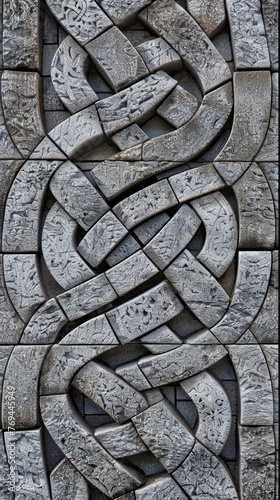 A stone wall featuring an interwoven knot design, blending elements of stone and concrete, background, wallpaper