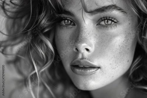 Close-up portrait of a young woman with curly hair and freckles, serious expression on her face